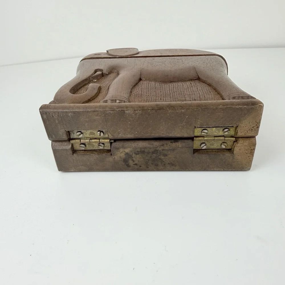 Vintage Hand Carved Wooden Elephant Cigarette Box Holder Hinged Case